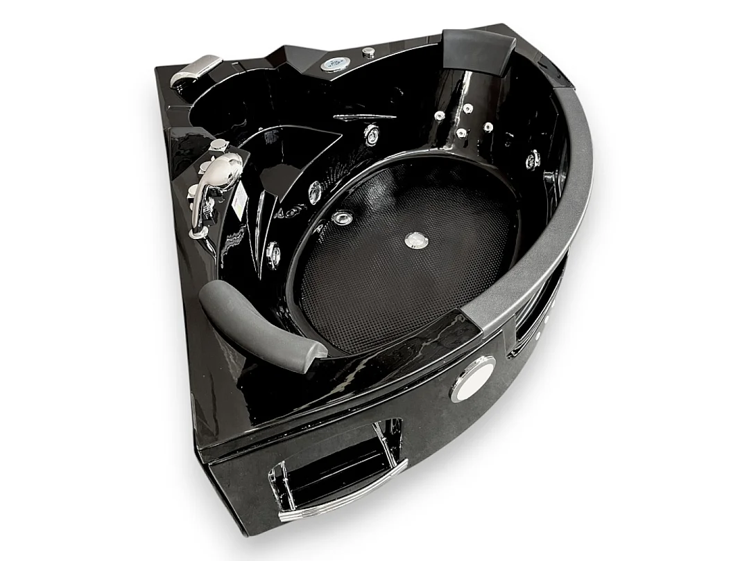 Black Corner Whirlpool Bath 140x140cm Front Glass & LED Lighting – Majestic