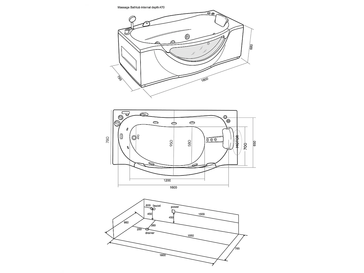 Rectangular Whirlpool Bath 180x96cm with Panoramic Front Glass – Jungle