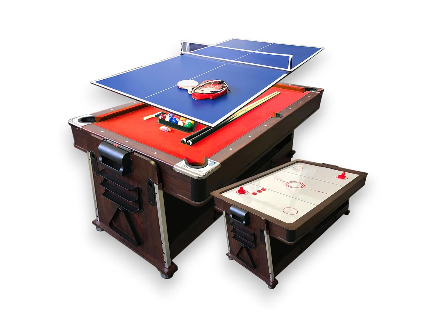 7FT 4-in-1 Dining Pool Table – Red Cloth – Air Hockey & Ping Pong – Mattew