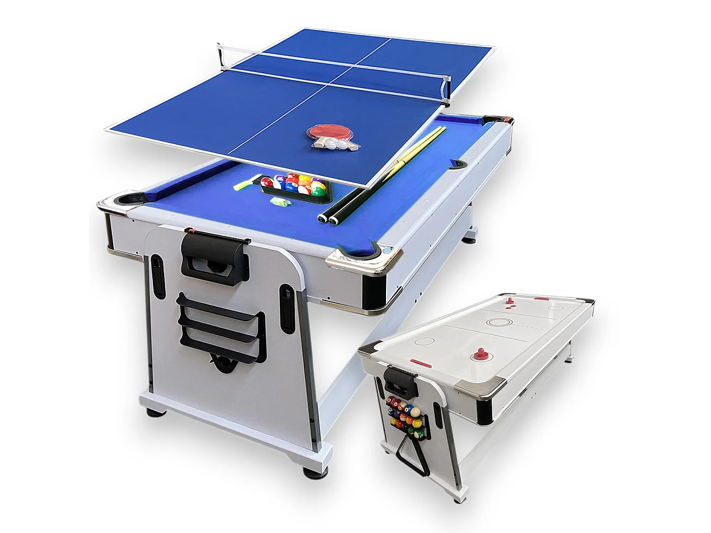 7FT 4-in-1 Dining Pool Table – Blue Cloth – Air Hockey & Ping Pong – Mattew White