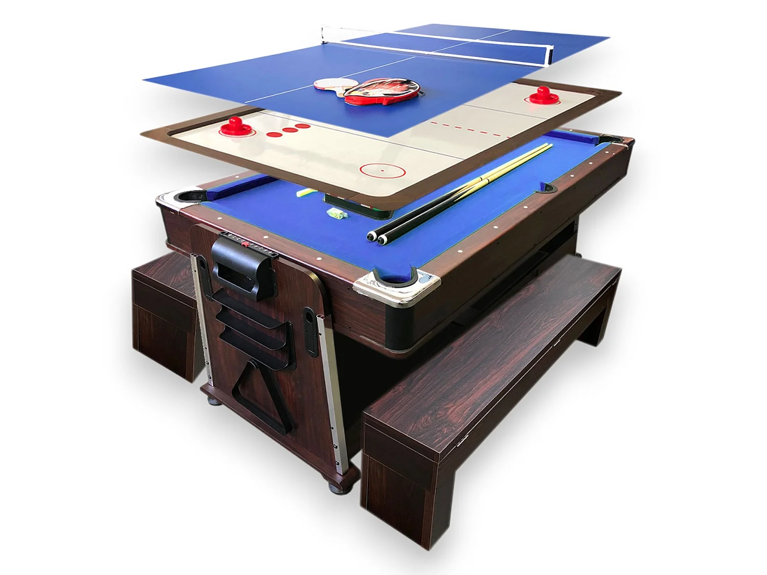7FT 4-in-1 Dining Pool Table with Benches – Multi Game – Blue Cloth – Mattew