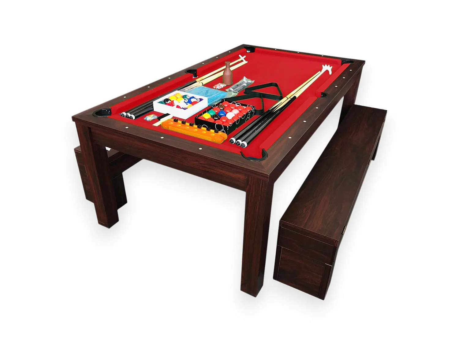 7FT Dining Pool Table with 2 Storage Benches – Rich Red