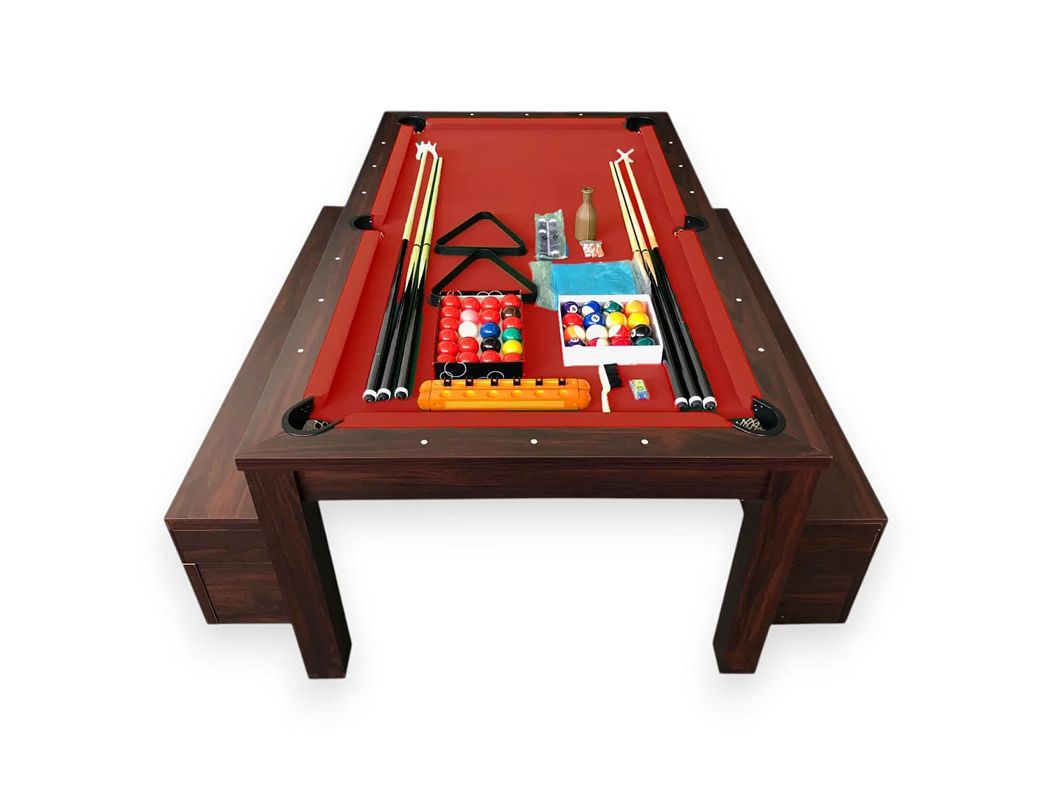 7FT Dining Pool Table with 2 Storage Benches – Rich Red