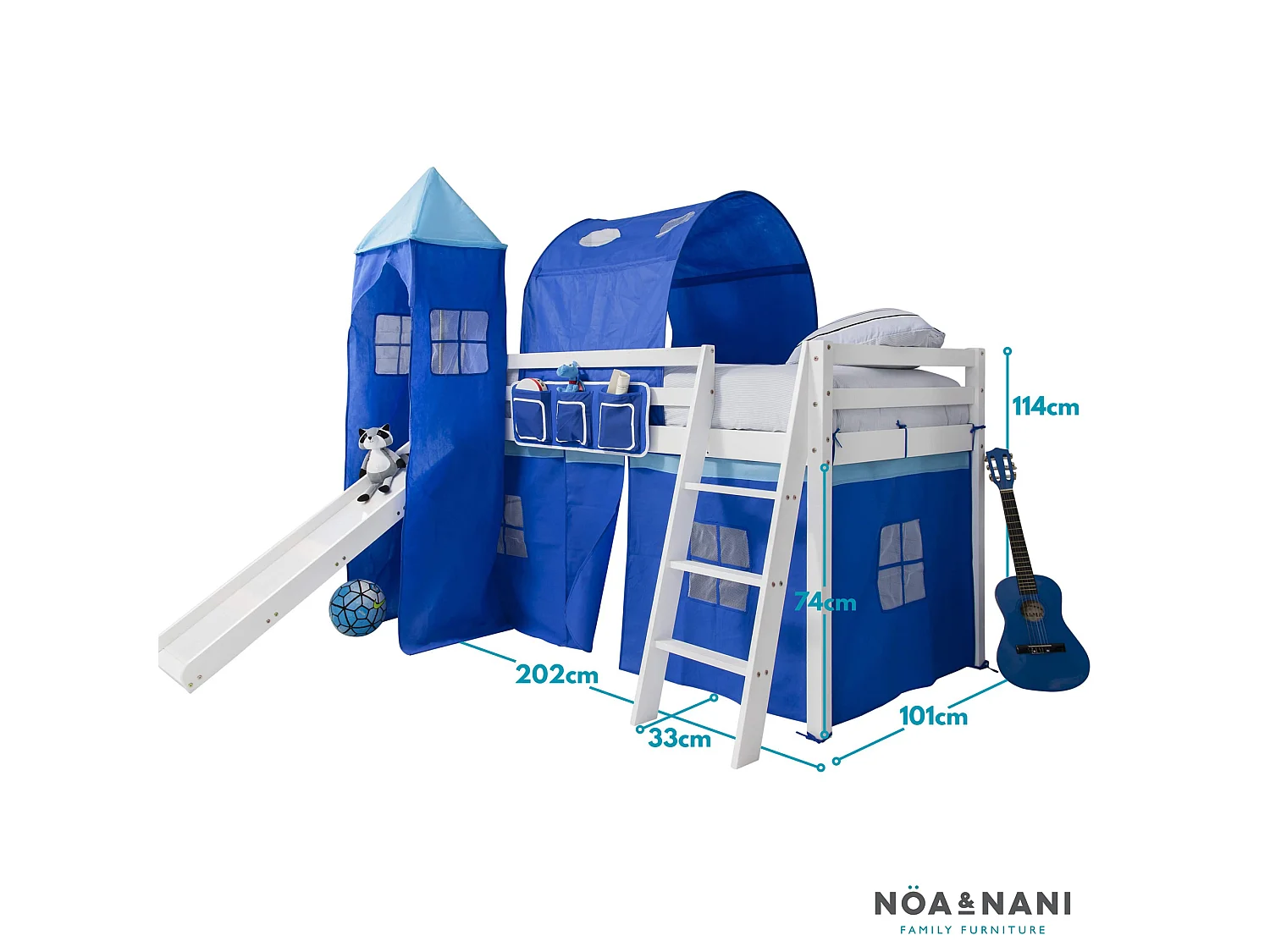 Noa & Nani Moro Cabin Bed Midsleeper with Slide & Blue NW Package in White