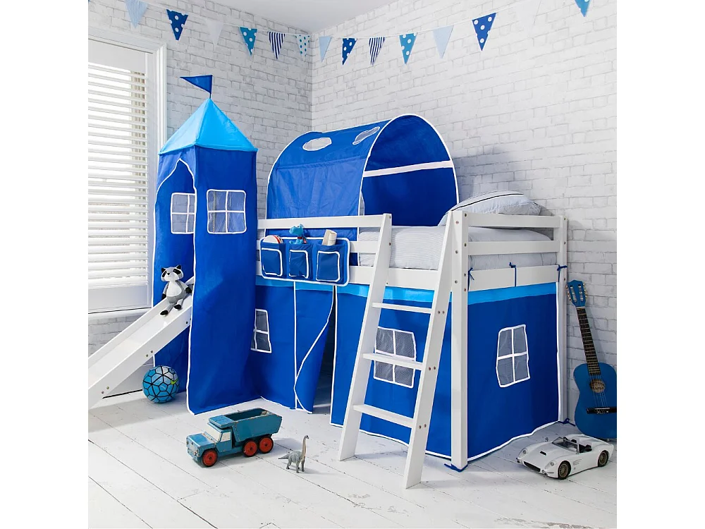 Noa & Nani Moro Cabin Bed with Slide and Brilliant Blue Cotton Tent, Tower & Tunnel in White