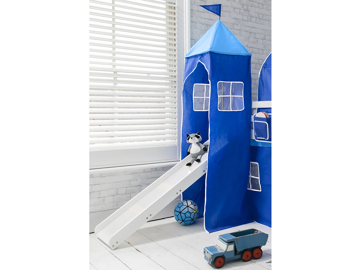 Noa & Nani Moro Cabin Bed with Slide and Brilliant Blue Cotton Tent, Tower & Tunnel in White