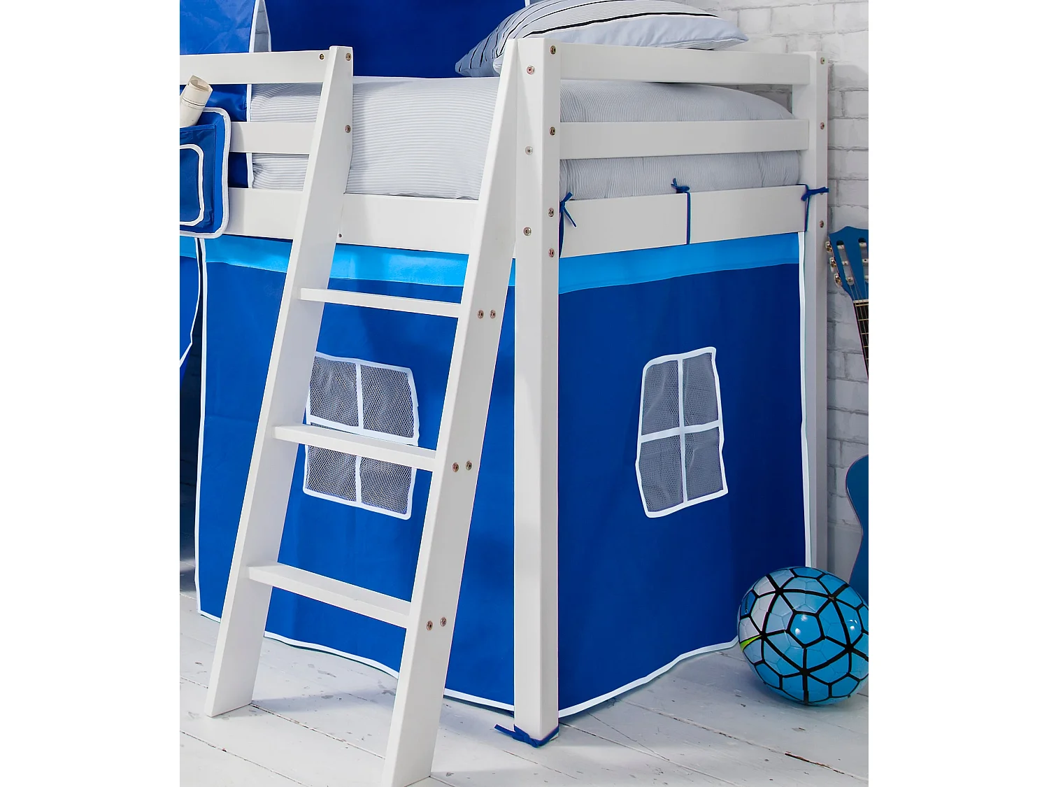 Noa & Nani Moro Cabin Bed with Slide and Brilliant Blue Cotton Tent, Tower & Tunnel in White