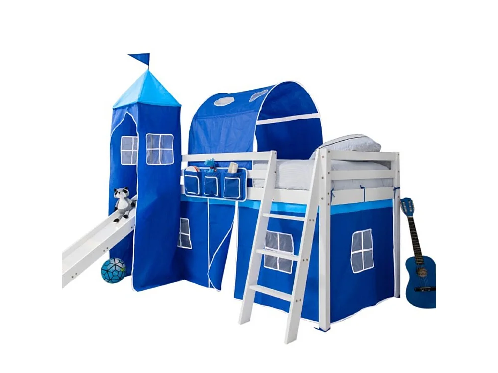 Noa & Nani Moro Cabin Bed with Slide and Brilliant Blue Cotton Tent, Tower & Tunnel in White