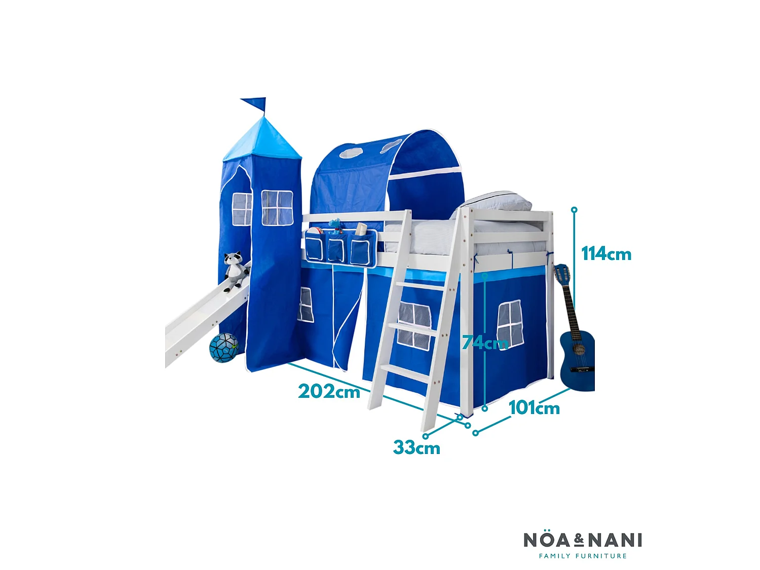 Noa & Nani Moro Cabin Bed with Slide and Brilliant Blue Cotton Tent, Tower & Tunnel in White