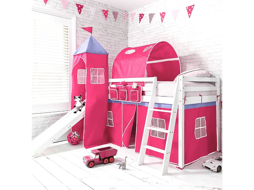 Noa & Nani Moro Cabin Bed Midsleeper with Slide & Cotton Pretty Pink Package in White