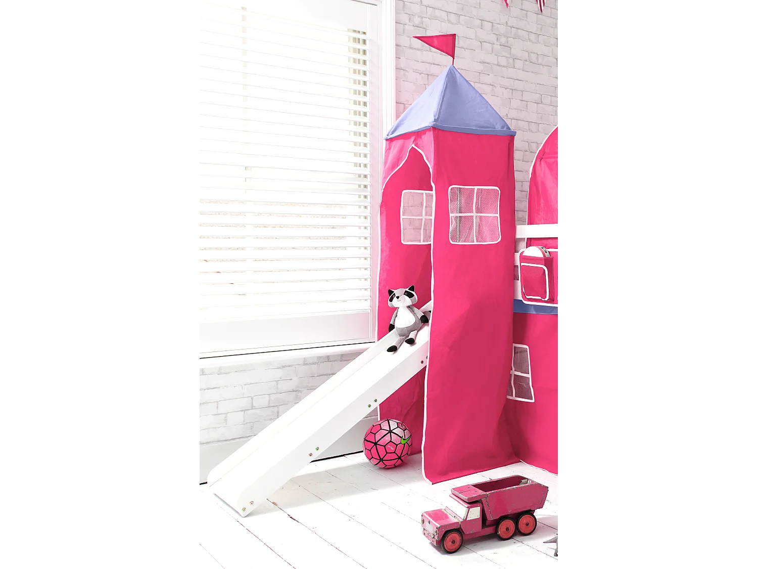 Noa & Nani Moro Cabin Bed Midsleeper with Slide & Cotton Pretty Pink Package in White