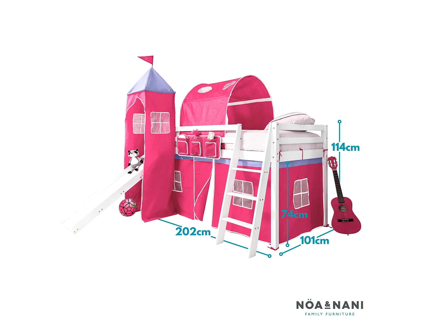 Noa & Nani Moro Cabin Bed Midsleeper with Slide & Cotton Pretty Pink Package in White
