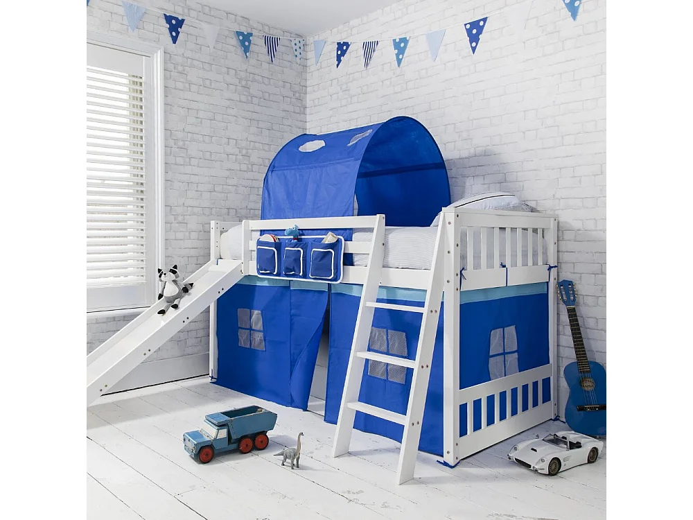 Noa & Nani Tuva Cabin Bed Low with Bunk Underbed, Play Area, Slide & Blue Package in White
