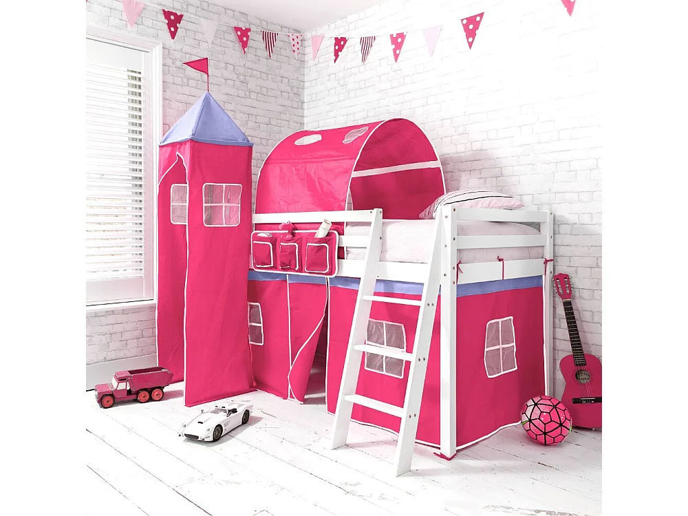 Noa & Nani Moro Cabin Bed Midsleeper with Cotton Pink Tent, Tower & Tunnel in White