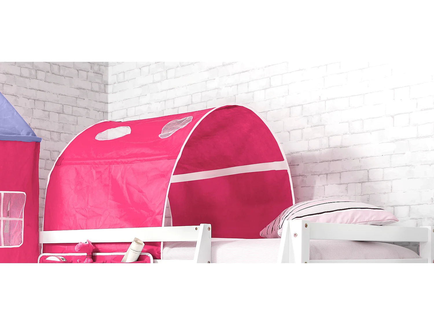 Noa & Nani Moro Cabin Bed Midsleeper with Cotton Pink Tent, Tower & Tunnel in White