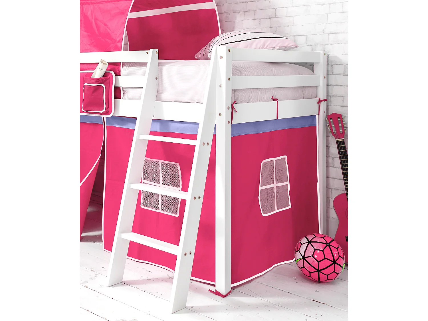 Noa & Nani Moro Cabin Bed Midsleeper with Cotton Pink Tent, Tower & Tunnel in White