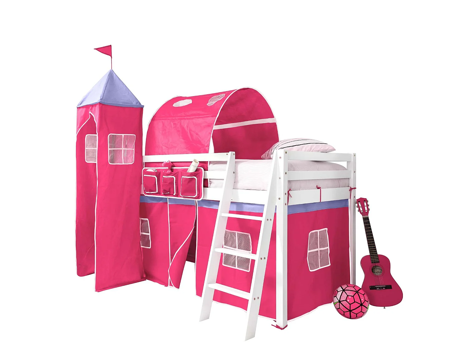 Noa & Nani Moro Cabin Bed Midsleeper with Cotton Pink Tent, Tower & Tunnel in White