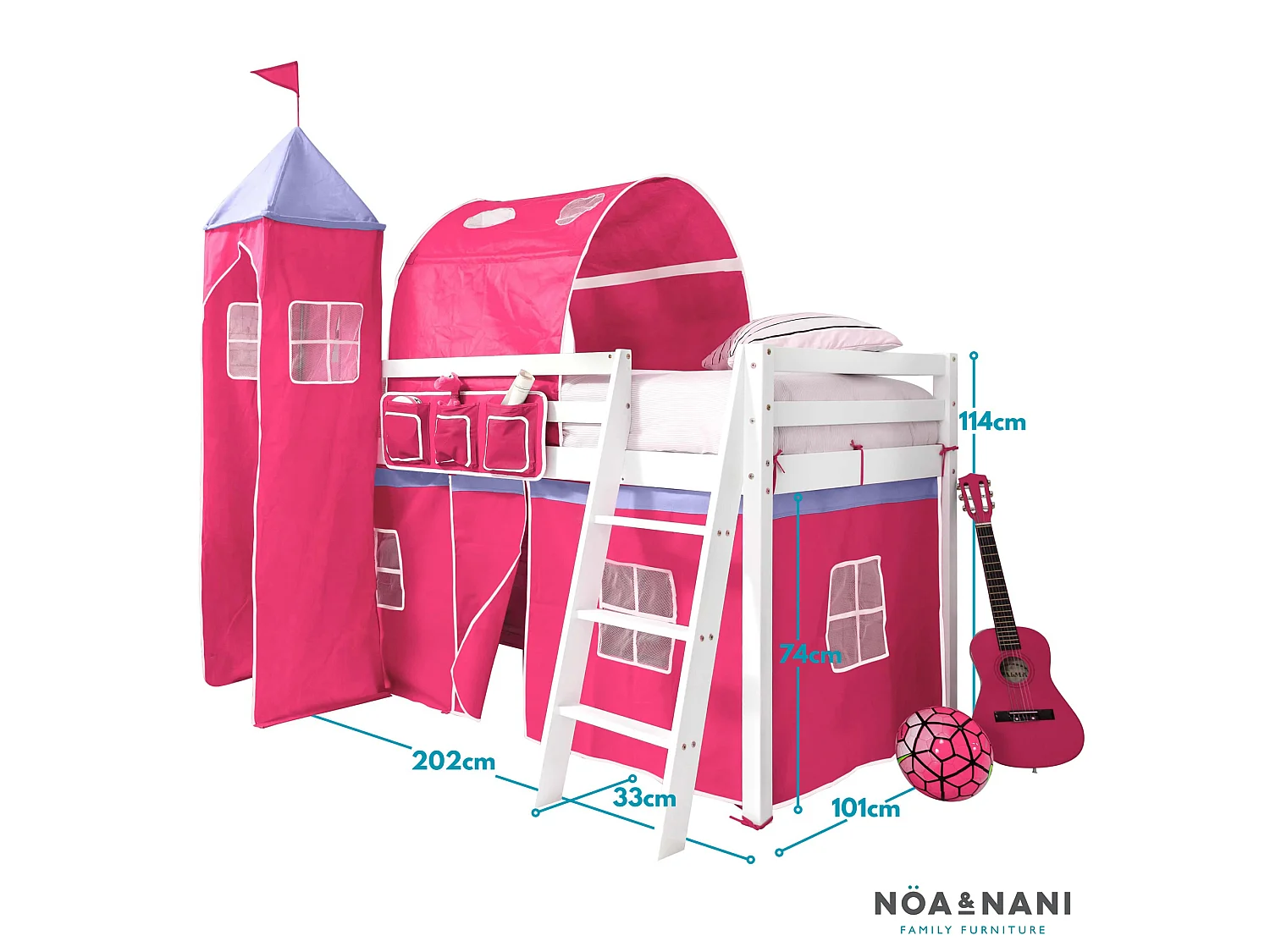 Noa & Nani Moro Cabin Bed Midsleeper with Cotton Pink Tent, Tower & Tunnel in White