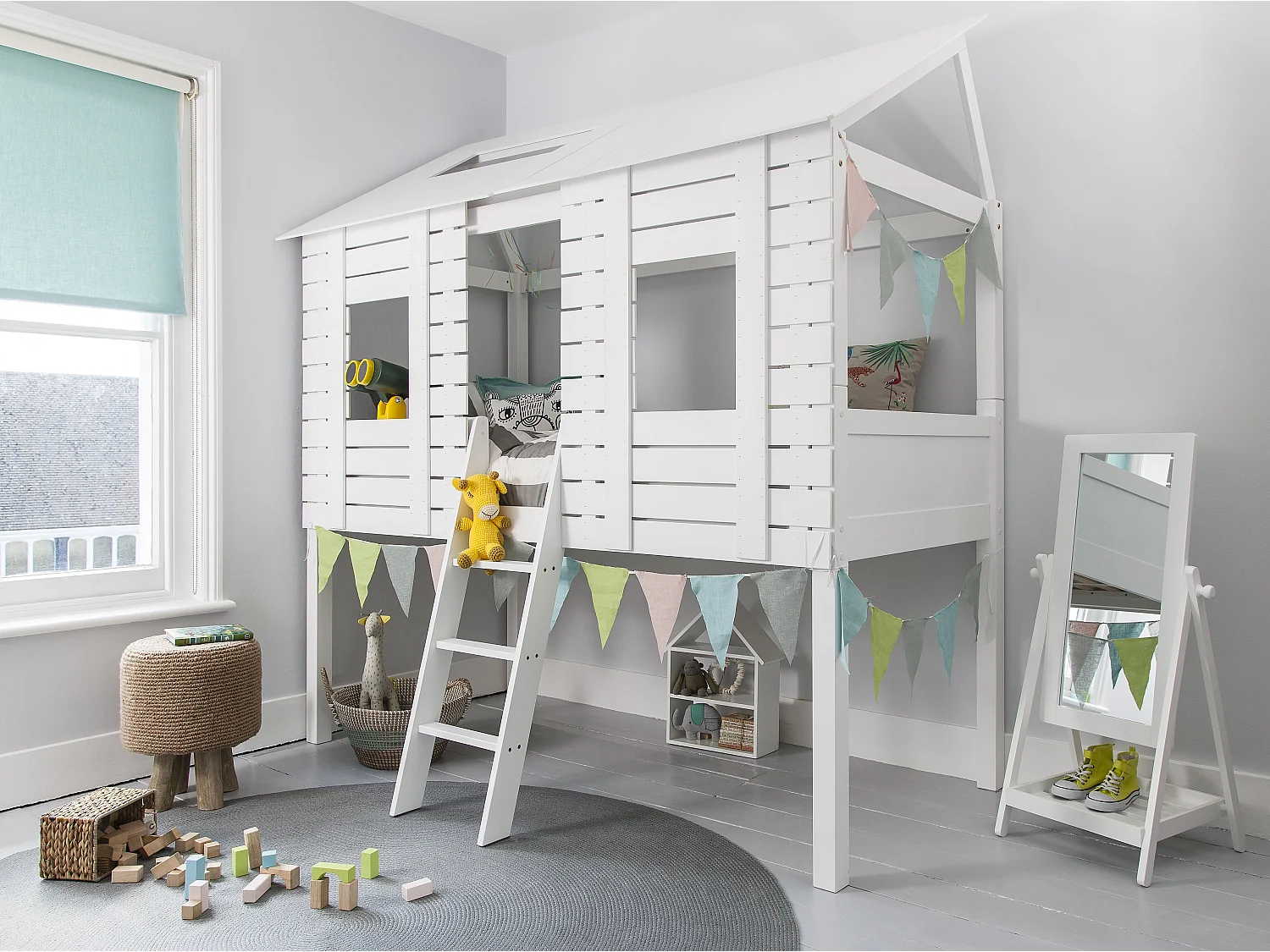 Noa & Nani Christopher Jungle Treehouse Midsleeper Bed with Canvas Windows in White
