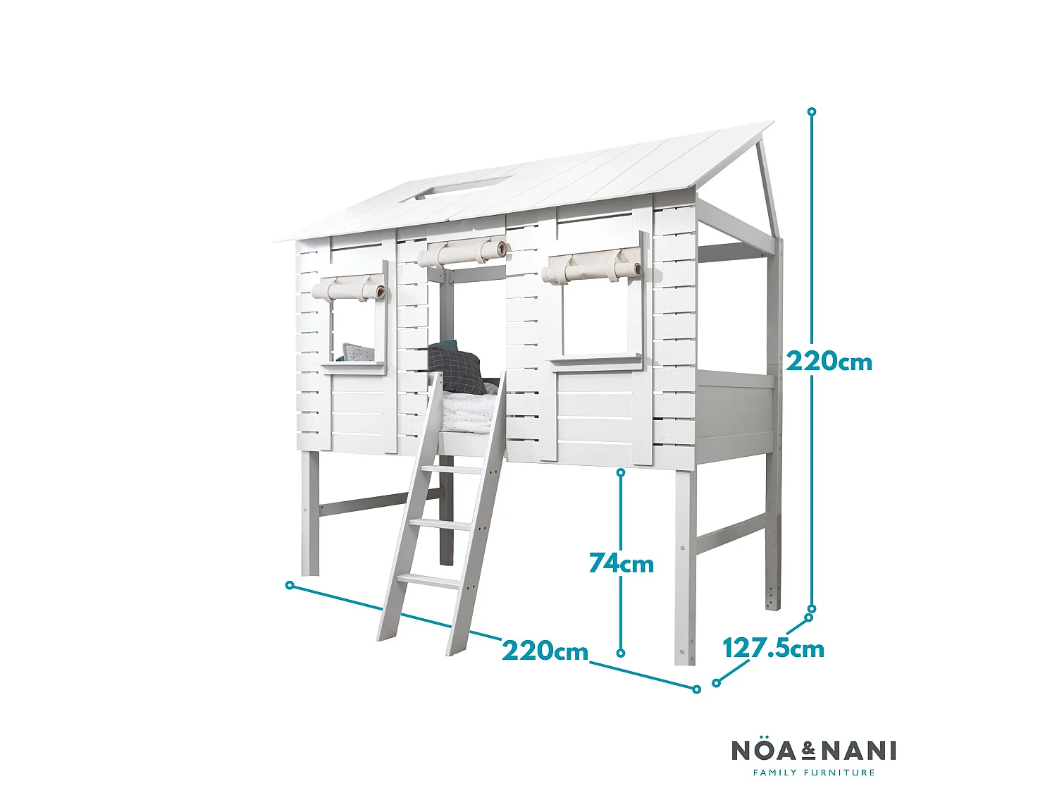 Noa & Nani Christopher Jungle Treehouse Midsleeper Bed with Canvas Windows in White