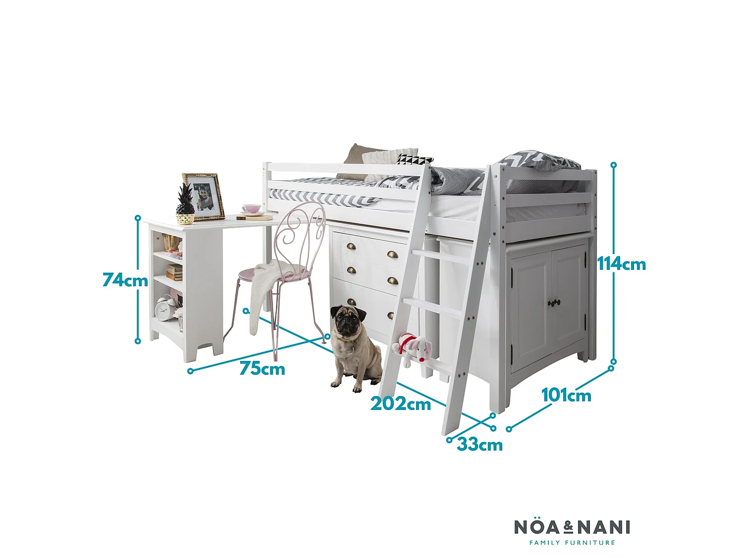 Noa & Nani Moro Sleepstation with Chest of Drawers, Cabinet & Desk in White