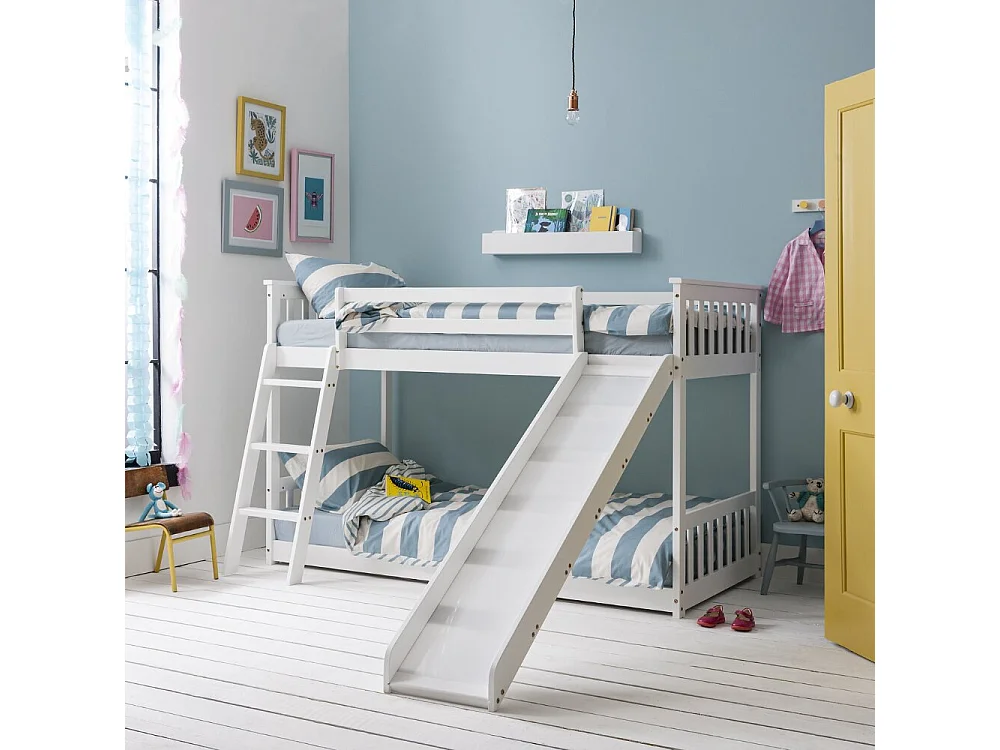 Noa & Nani Tuva Low Cabin Bed with Bunk Underbed, Play Area & Slide in White