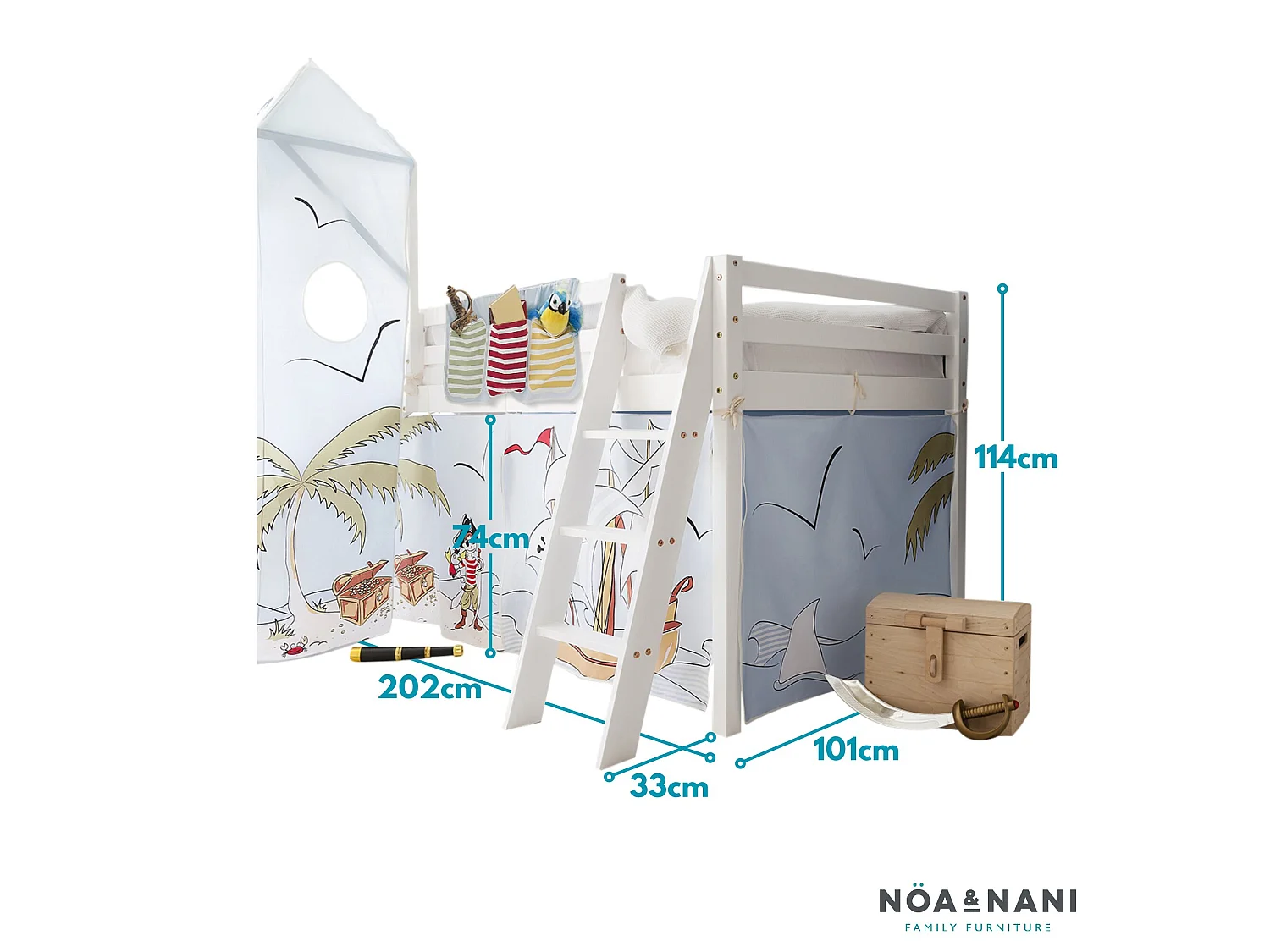 Noa & Nani Moro Cabin Bed Midsleeper with Pirate Pete Package in White
