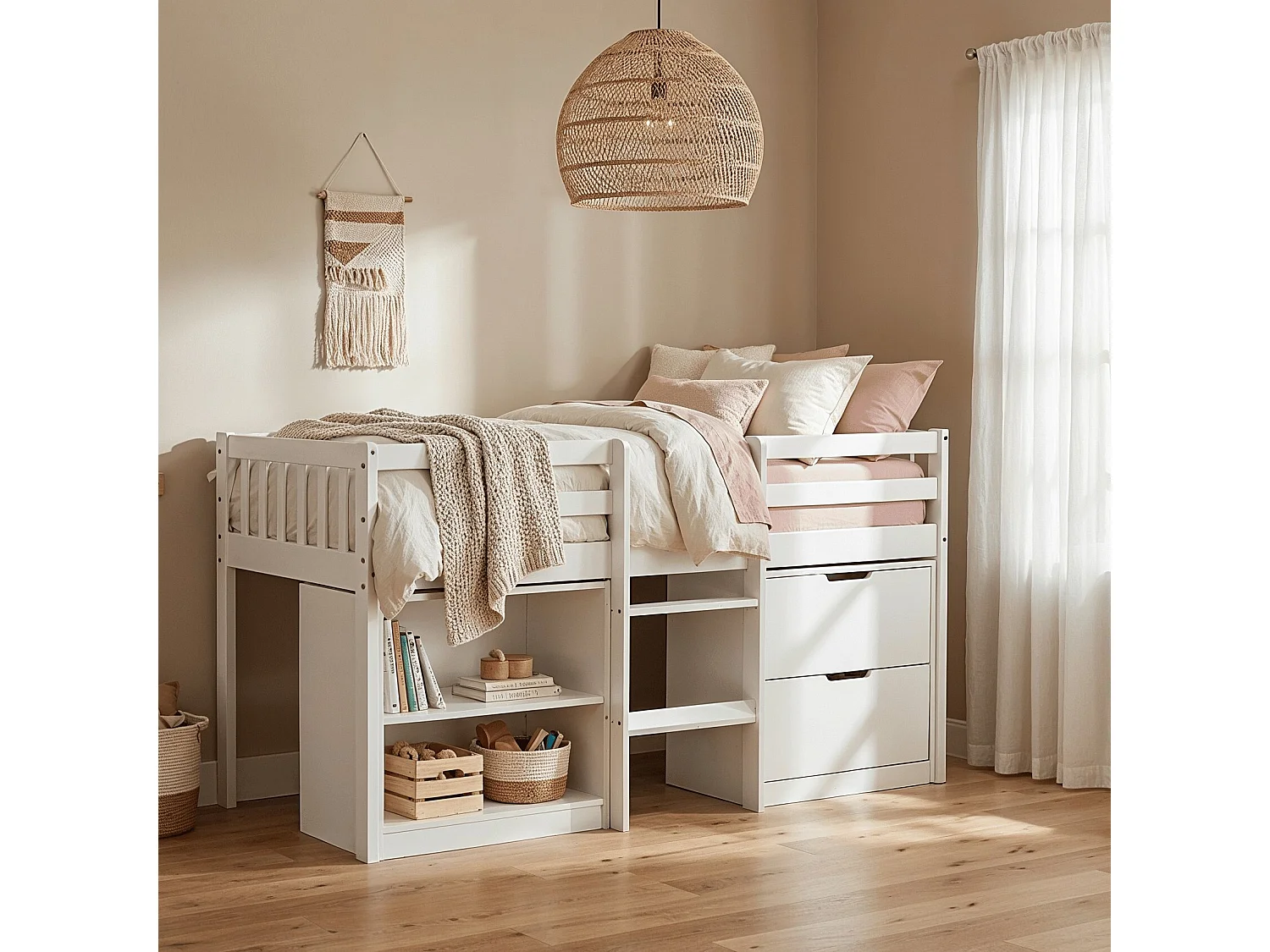 Noa & Nani Mira Sleepstation Cabin Bed Low Midsleeper with Storage in Classic White