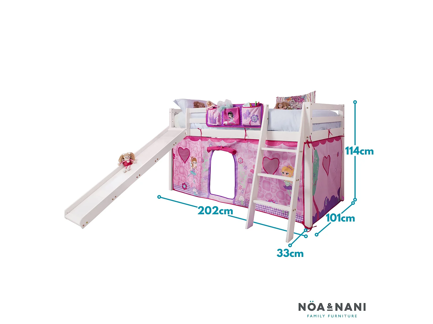Noa & Nani Moro Cabin Bed Midsleeper with Slide and Fairies Tent in White