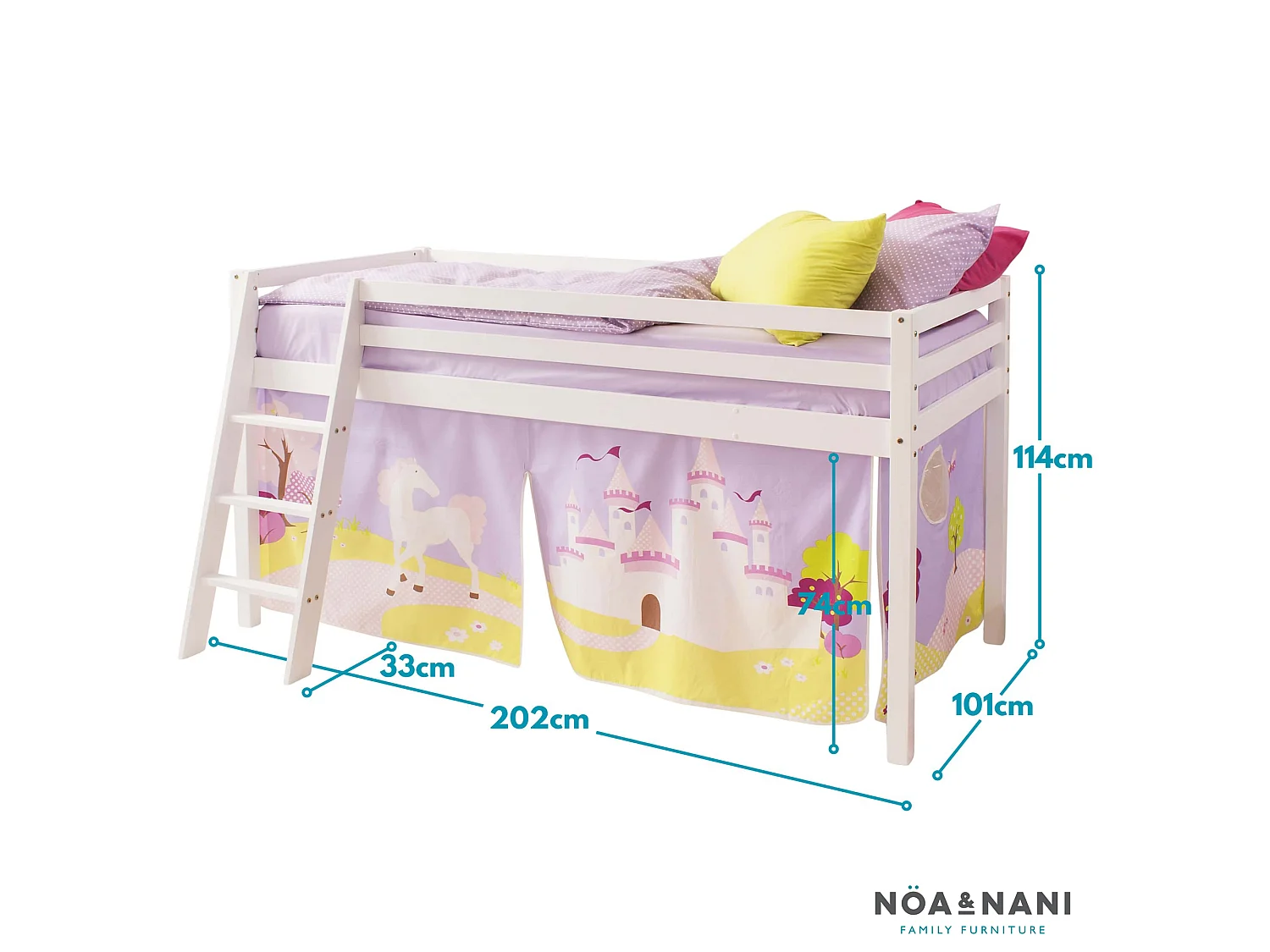 Noa & Nani Moro Cabin Bed with Ladder and Tent in Princess Fairytale Design in White