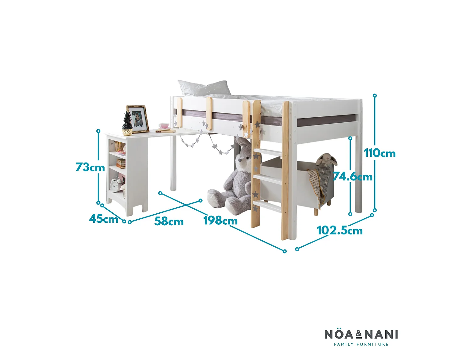 Noa & Nani Una Midsleeper Cabin Bed with Moro Desk in White
