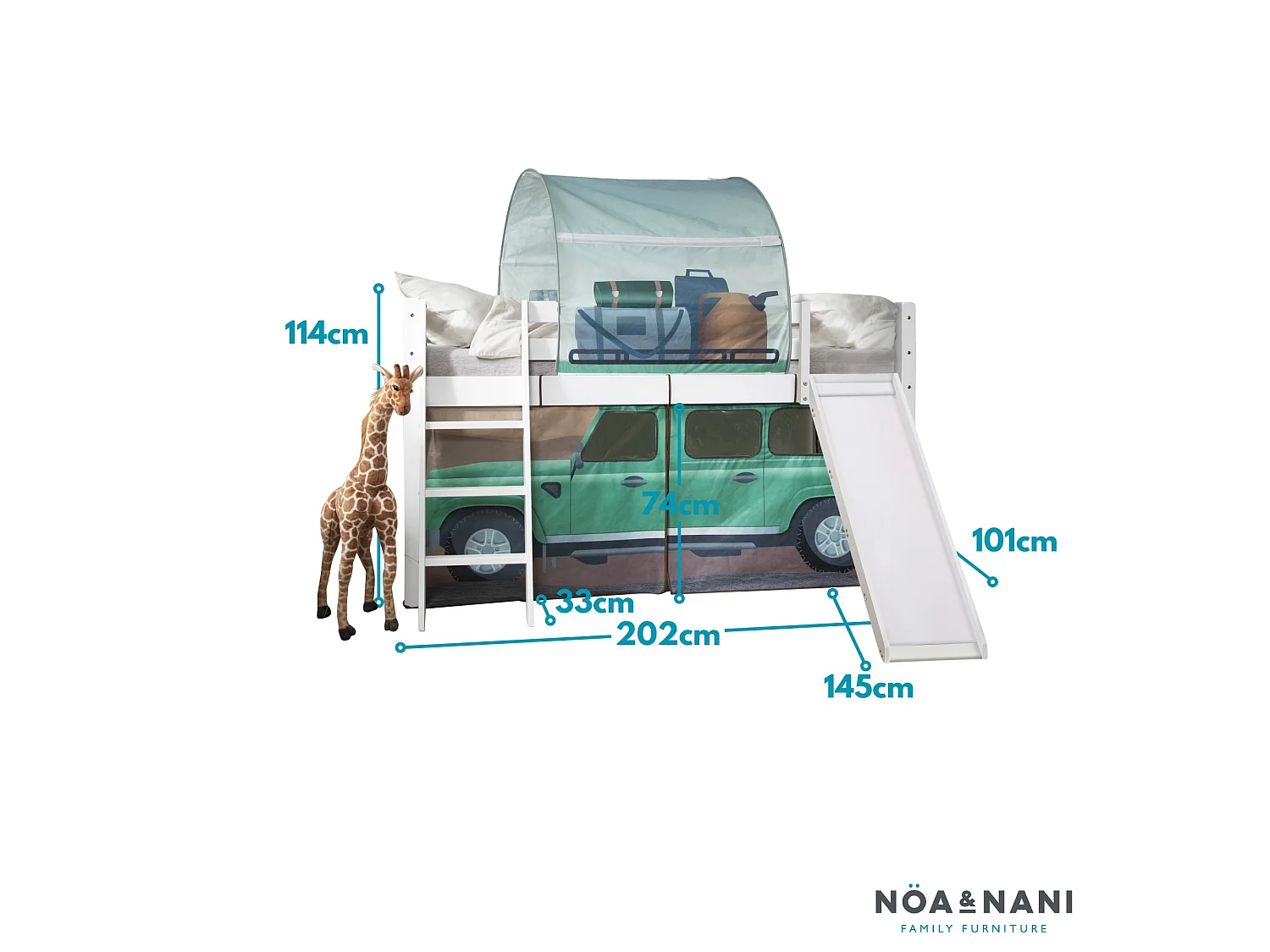 Noa & Nani Moro Cabin Bed Midsleeper with Slide & Safari Overland Off Road Package in White