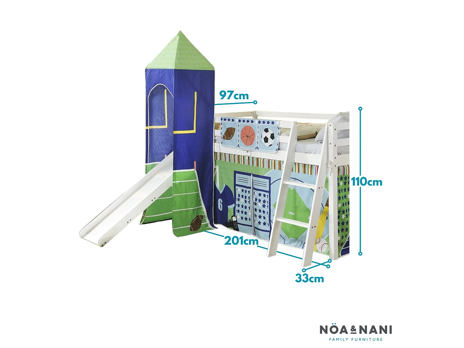 Noa & Nani Cabin Bed Midsleeper with Slide and Sports Tent & Tower in White