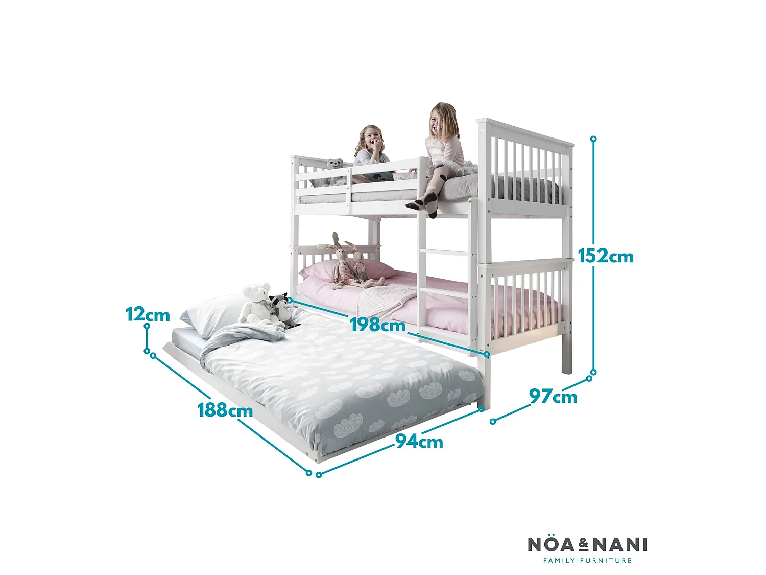 Noa & Nani Brighton Bunk Bed with Spacesaver Pull out Trundle in White