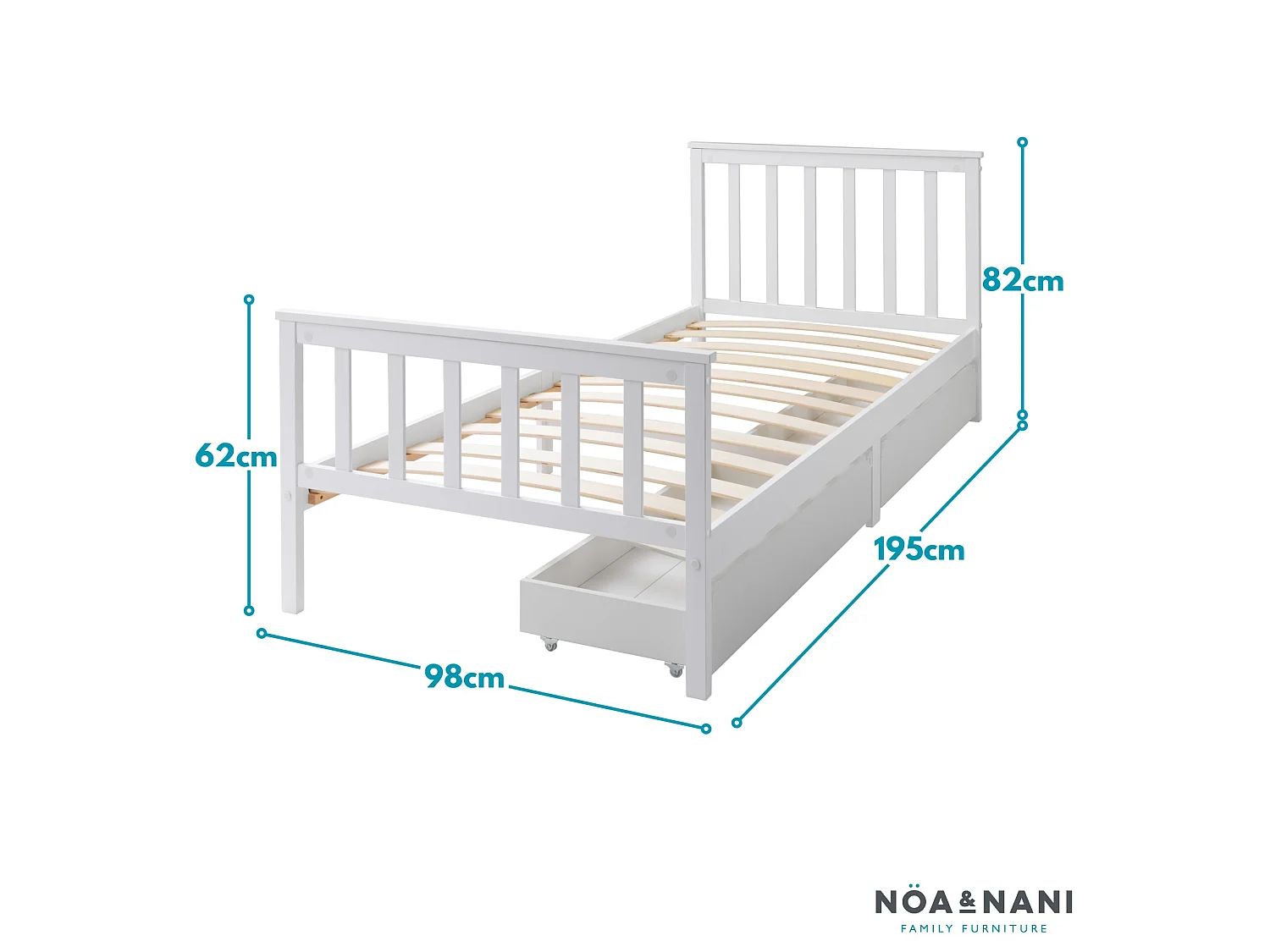 Noa & Nani Otis Single Bed 3ft Frame with 4 Pull Out Storage Drawers in White
