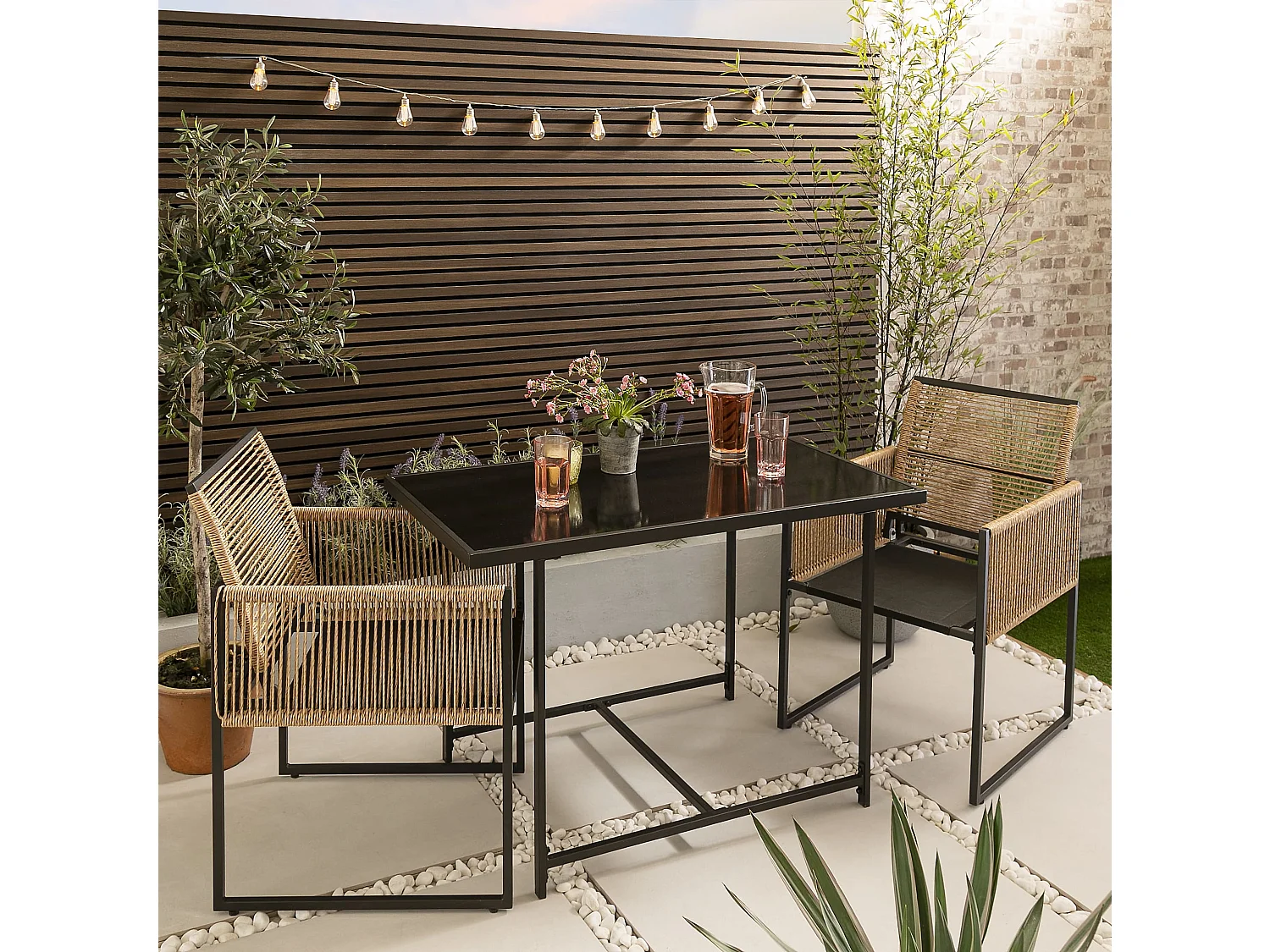 Noa & Nani Jari Garden Table with 2 Armchairs in Black & Rattan