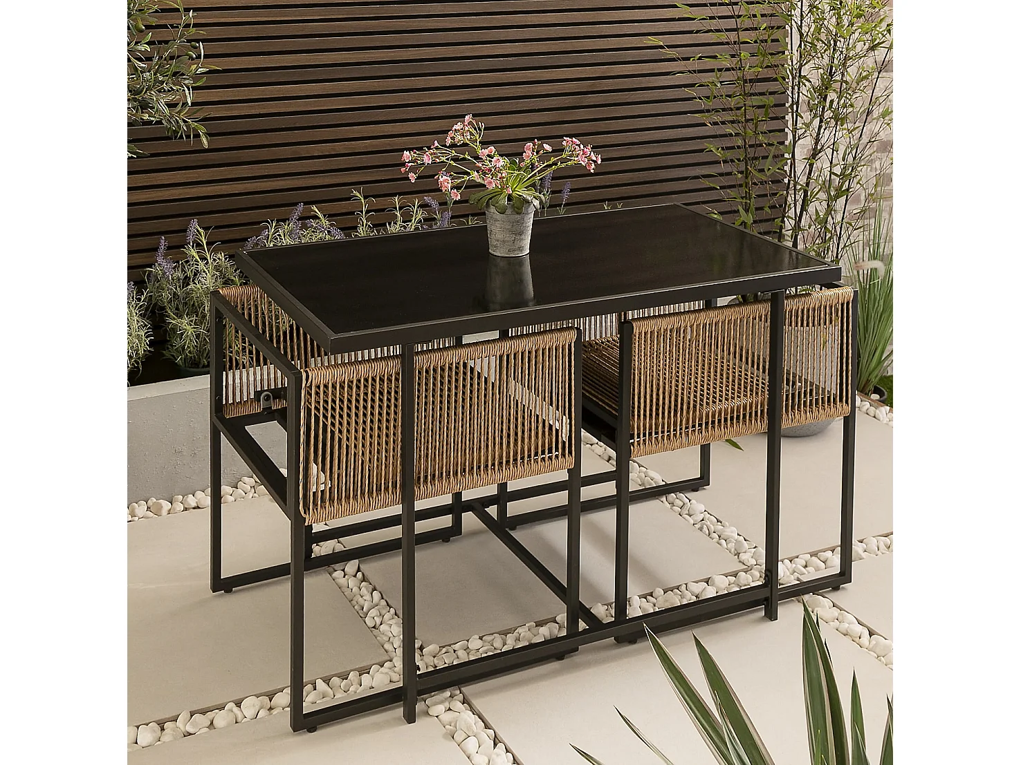 Noa & Nani Jari Garden Table with 2 Armchairs in Black & Rattan