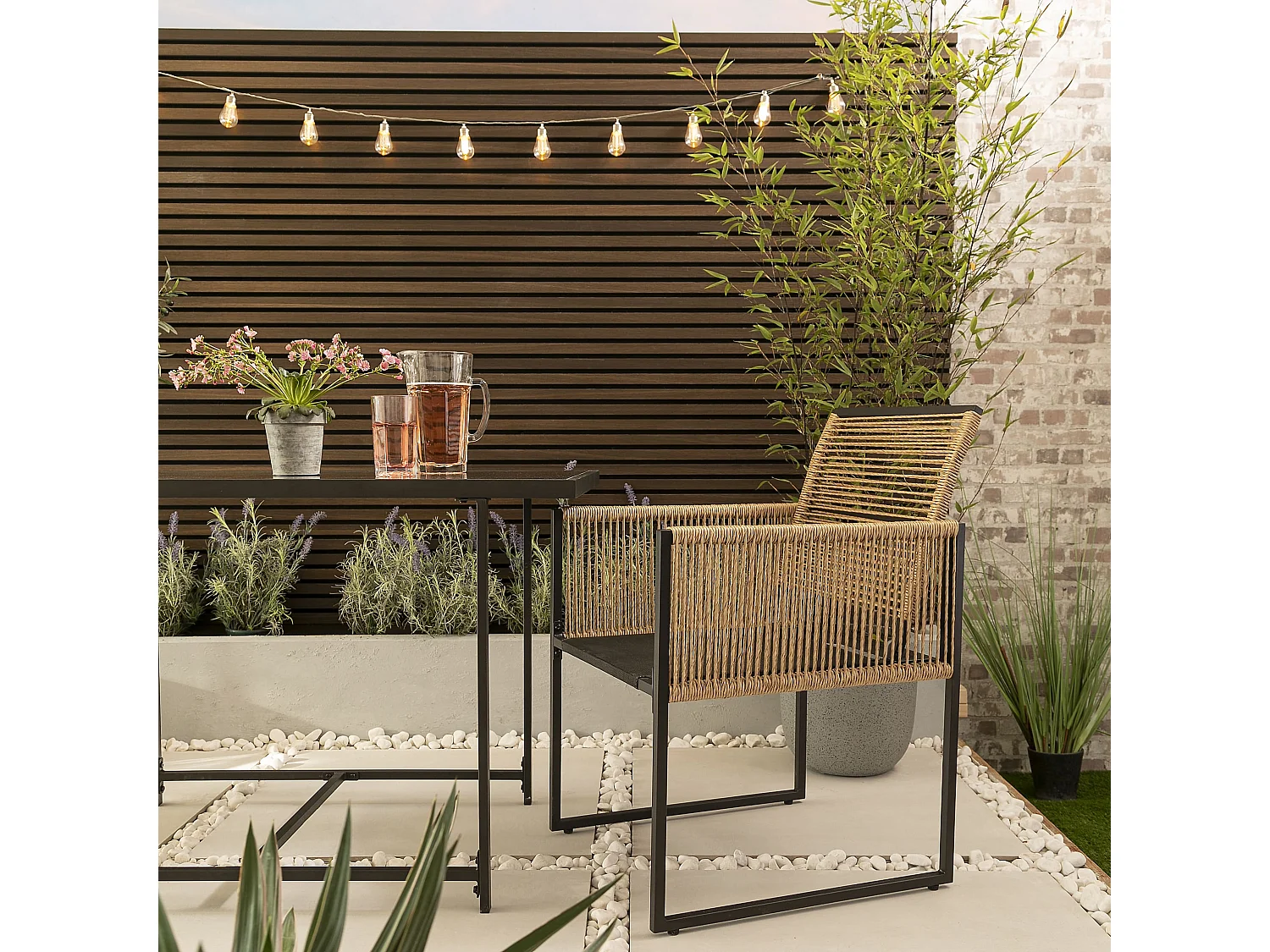 Noa & Nani Jari Garden Table with 2 Armchairs in Black & Rattan