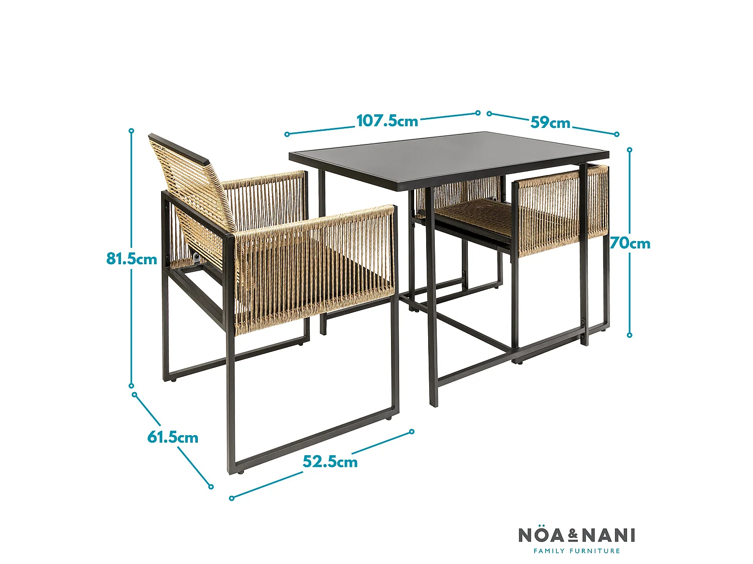 Noa & Nani Jari Garden Table with 2 Armchairs in Black & Rattan