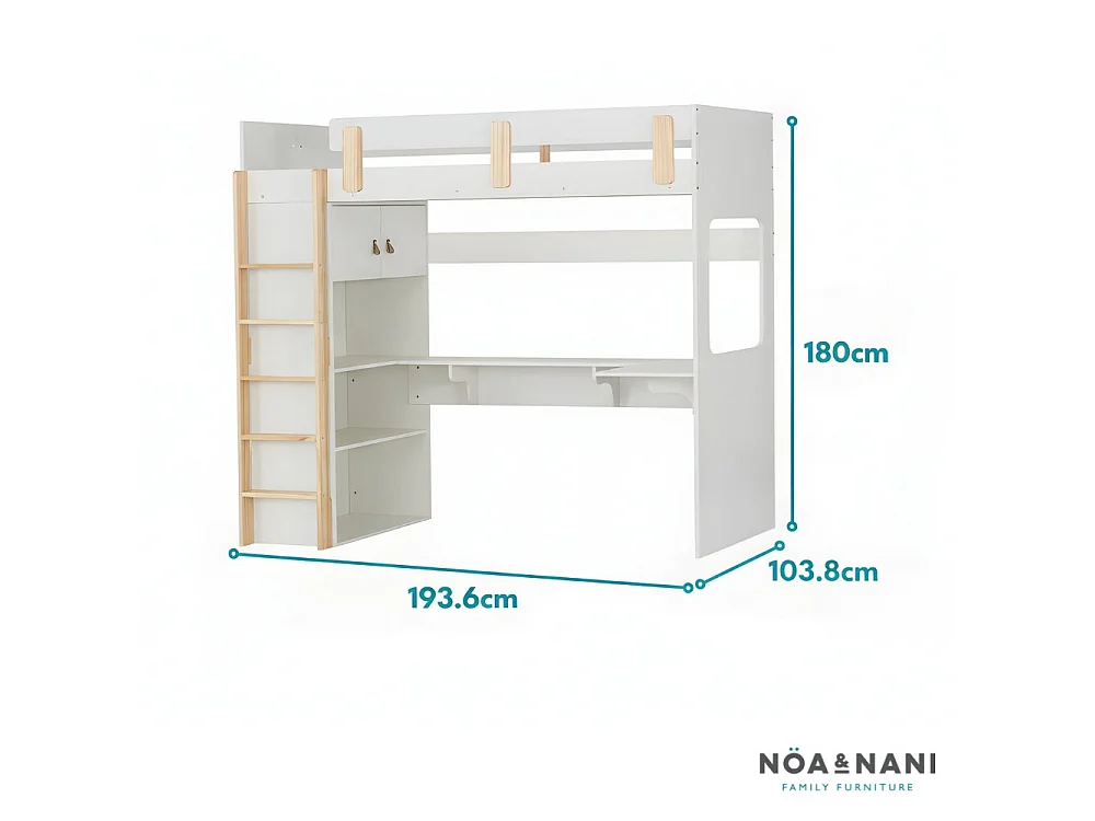 Noa & Nani Nells High Sleeper Cabin Bed with Built in Desk and Storage in Classic White
