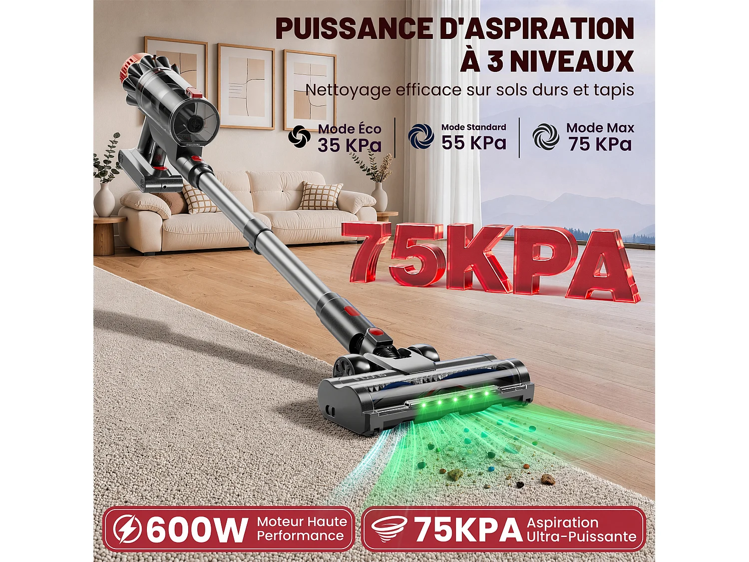 INLONG ZV12 Aspirateur Balai Sans Fil 55KPa 550W, Écran LED Intelligent, Lumière Verte LED, 70 Min d’Autonomie, Batterie Amovible, Réservoir 1,6L