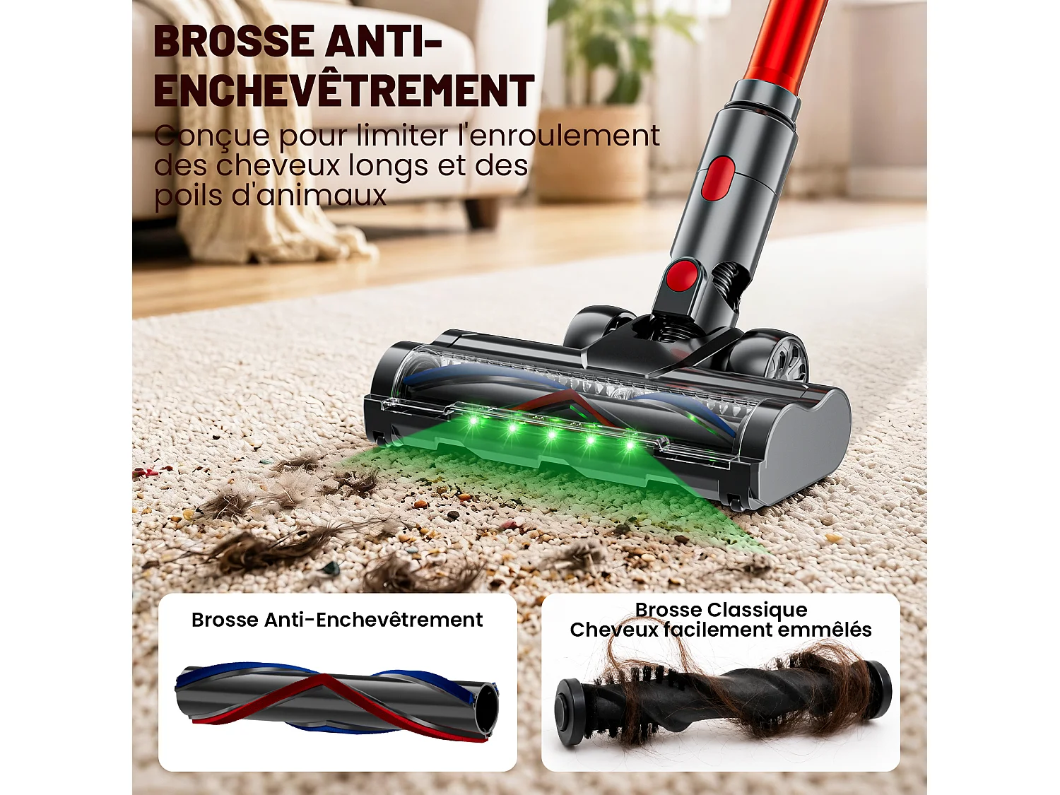 INLONG ZV13 Aspirateur Balai Sans Fil Tube Pliable 180° Flex,75KPa-650W,LED Verte,3 Vitesses,70Min,Anti-Emmêlement Poils
