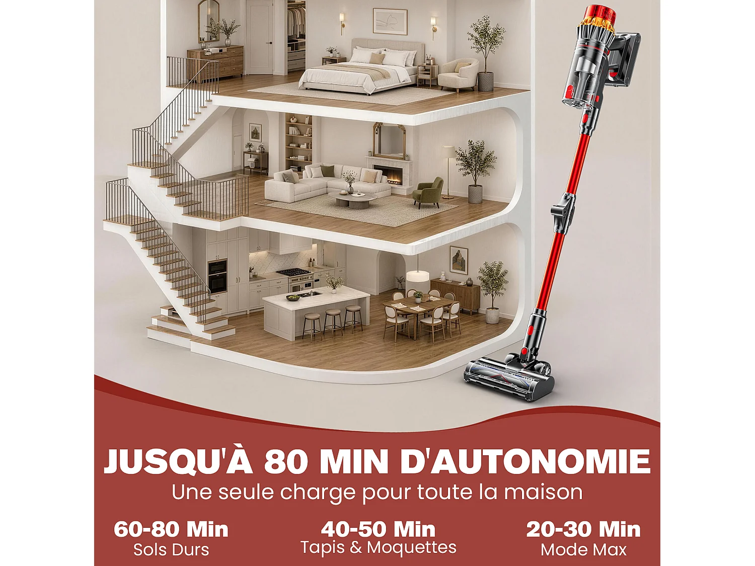 INLONG ZV13 Draadloze steelstofzuiger Tube Opvouwbaar 180° Flex,80KPa-680W,LED Verte,3 snelheden,80Min,Anti-klit Poils