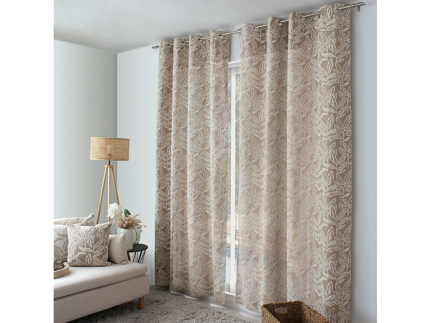 Lot de 2 rideaux à Œillets, 140x240cm, Motifs feuilles, Coton Chambray, Collection Lodge, CMADECO - Beige