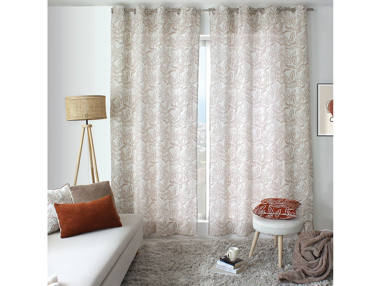 Lot de 2 rideaux à Œillets, 140x240cm, Motifs feuilles, Coton Chambray, Collection Lodge, CMADECO - Blanc