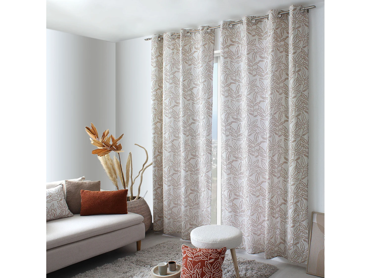 Lot de 2 rideaux à Œillets, 140x240cm, Motifs feuilles, Coton Chambray, Collection Lodge, CMADECO - Blanc