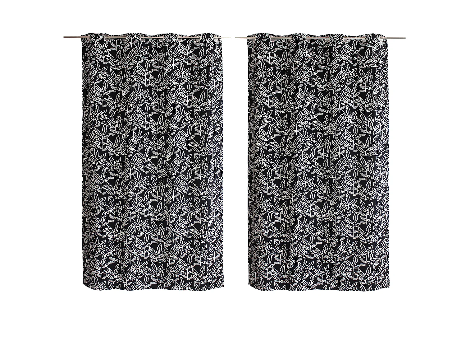 Lot de 2 rideaux à Œillets, 140x240cm, Motifs feuilles, Coton Chambray, Collection Lodge, CMADECO - Noir