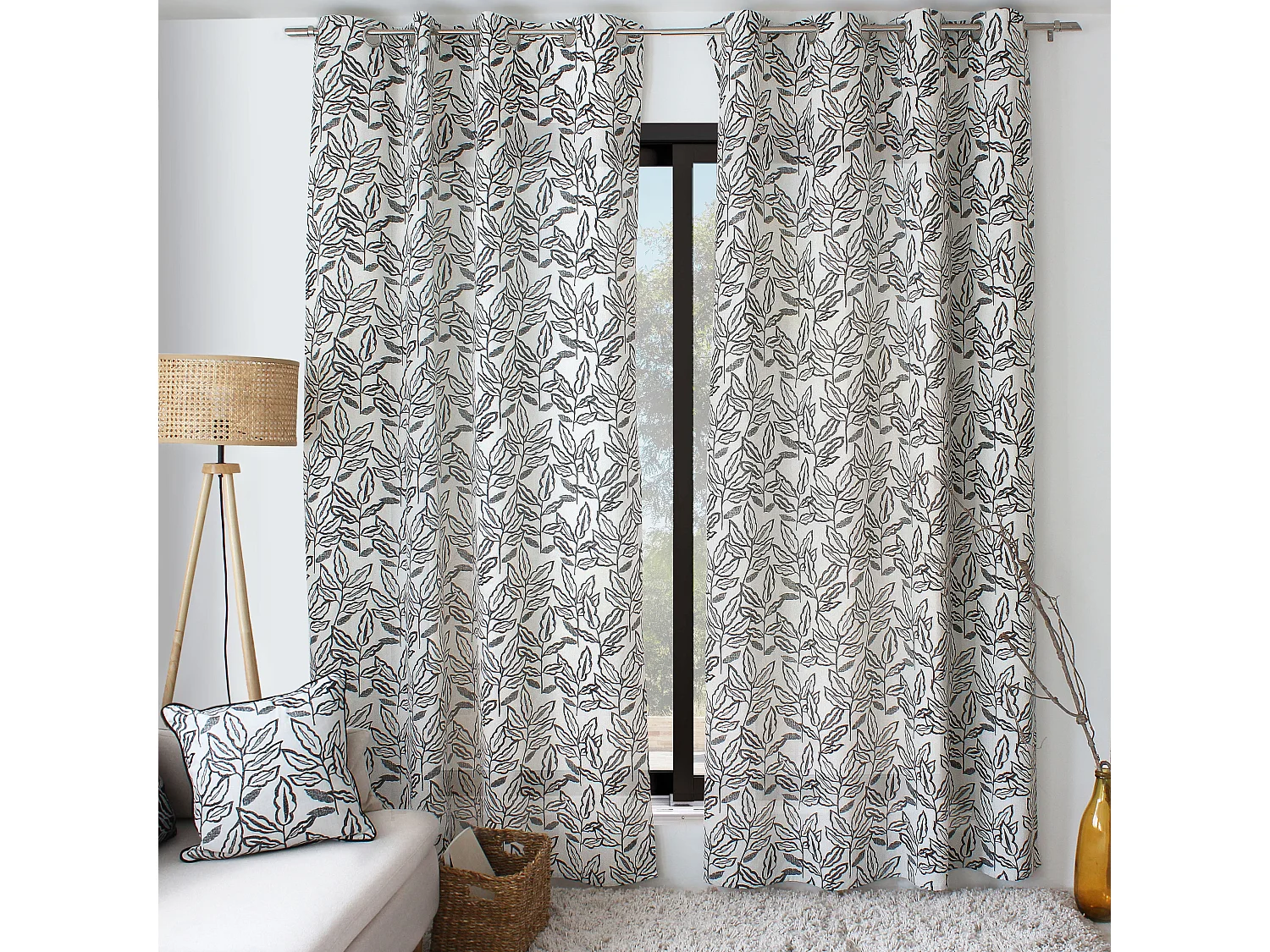 Lot de 2 rideaux à Œillets, 140x240cm, Motifs feuilles, Coton Chambray, Collection Lodge, CMADECO - Blanc