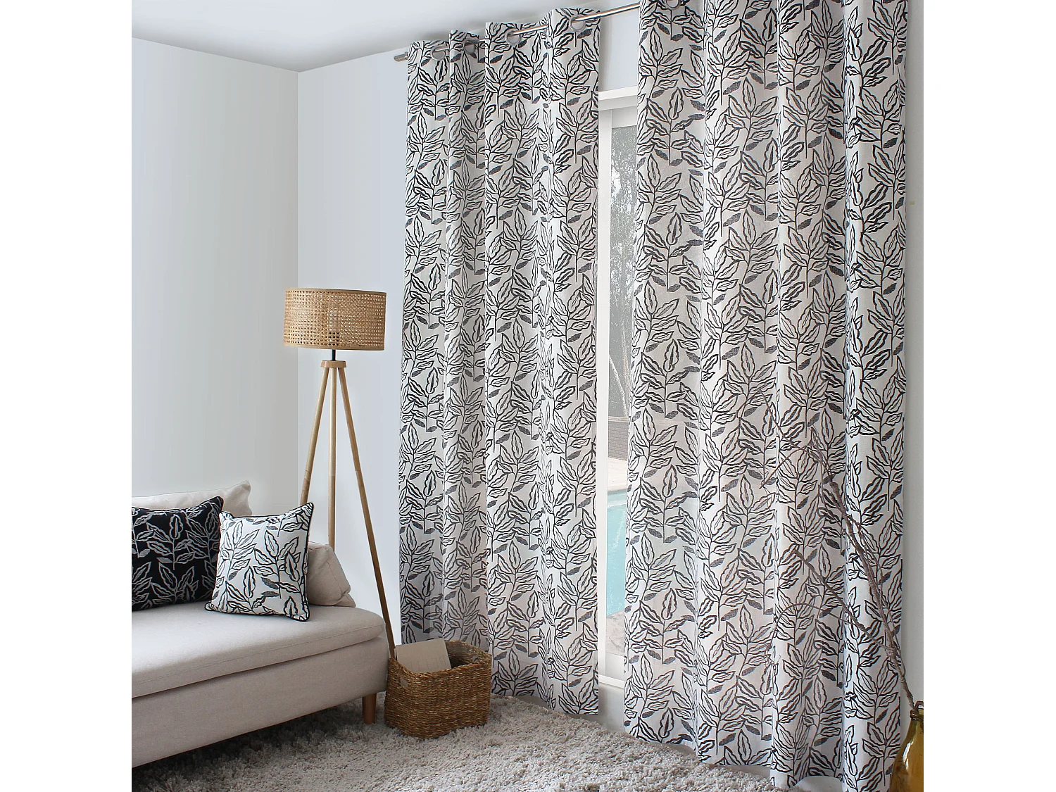 Lot de 2 rideaux à Œillets, 140x240cm, Motifs feuilles, Coton Chambray, Collection Lodge, CMADECO - Blanc