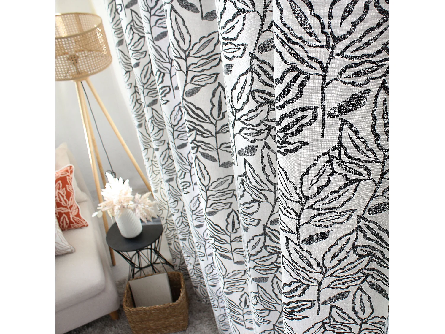 Lot de 2 rideaux à Œillets, 140x240cm, Motifs feuilles, Coton Chambray, Collection Lodge, CMADECO - Blanc